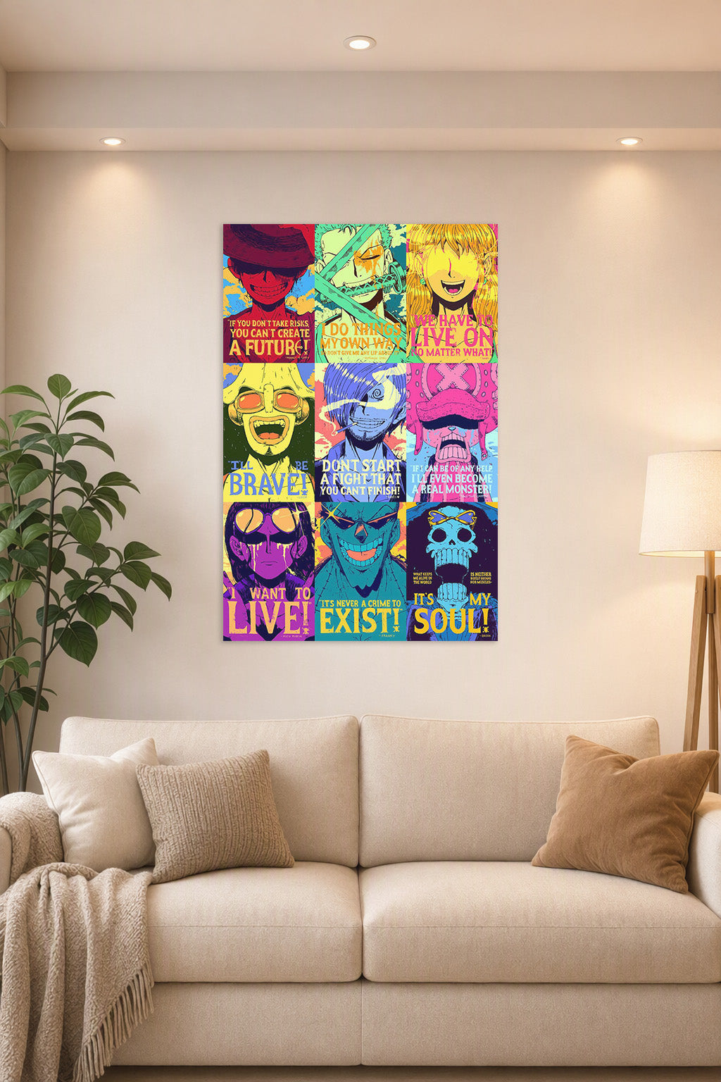 One Piece Straw Hat Pirates in a bright living room above a beige sofa.