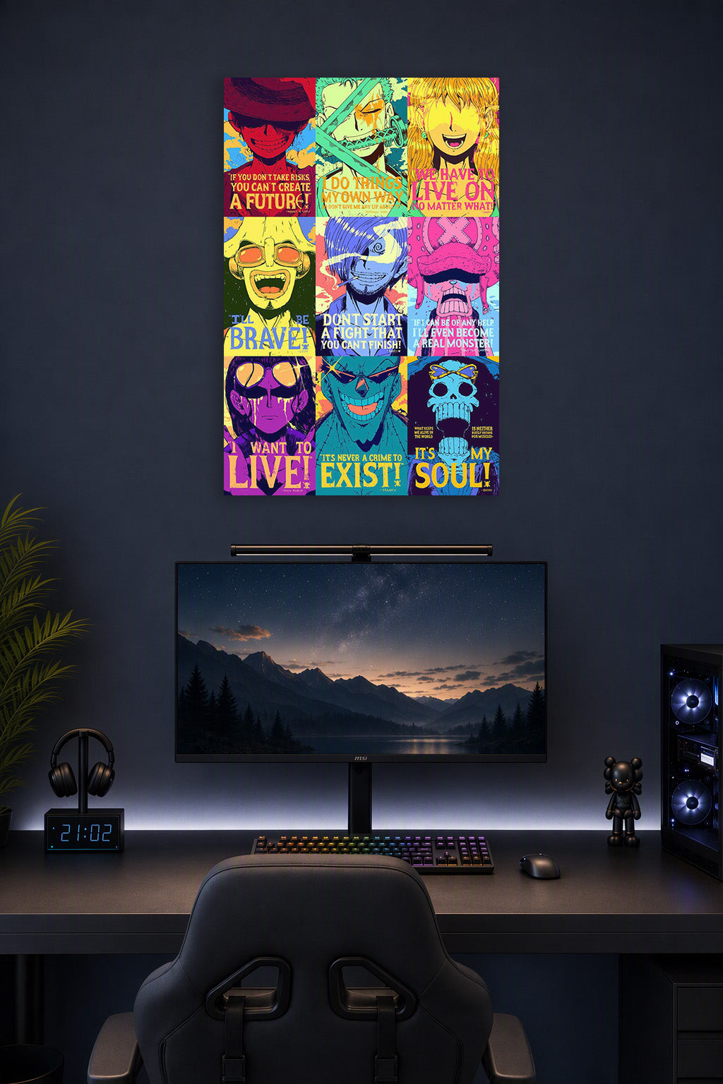 One Piece Straw Hat Pirates in a gaming desk setup above a monitor.