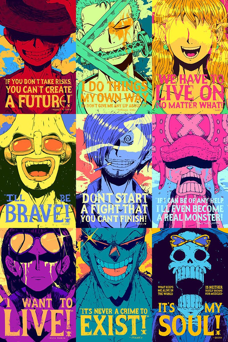 One Piece Straw Hat Pirates wall art print with nine vivid pop-art character panels and bold motivational quotes.
