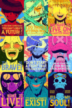 One Piece Straw Hat Pirates wall art print with nine vivid pop-art character panels and bold motivational quotes.