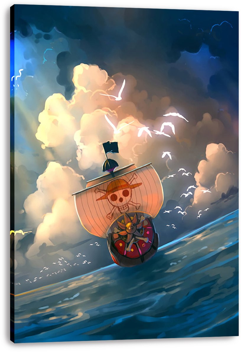 Thousand Sunny canvas wall art print features the Straw Hat ship, skull sail, rolling blue waves, and dramatic cloud-filled sky.