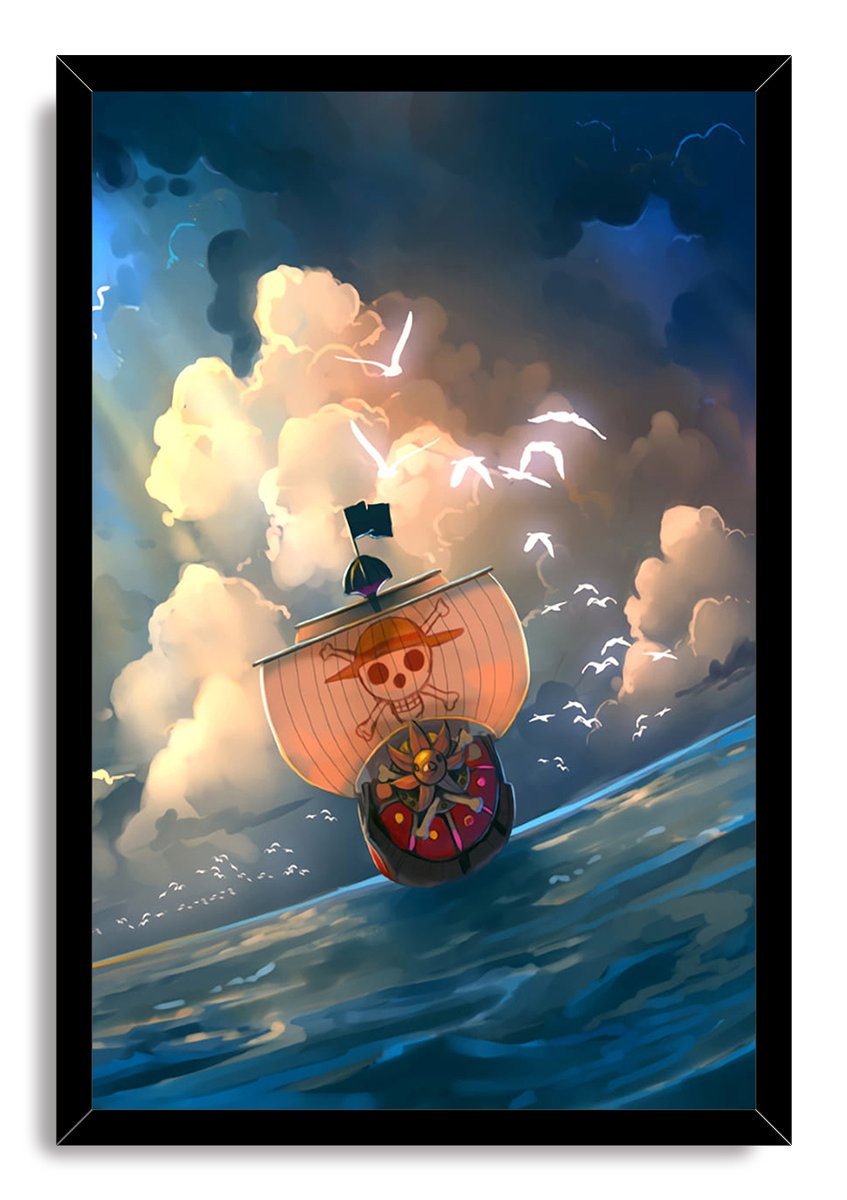 Thousand Sunny framed wall art print portrays the Straw Hat ship on a blue sea with a skull sail, birds, and luminous clouds.