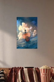 One Piece Thousand Sunny Ship in a cozy movie room above a brown sofa with popcorn.
