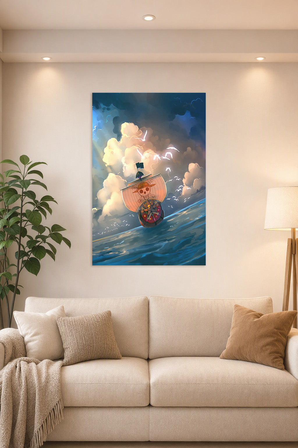 One Piece Thousand Sunny Ship in a bright living room above a beige sofa.