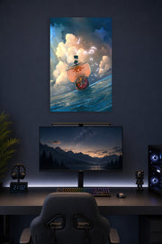 One Piece Thousand Sunny Ship in a gaming desk setup above a monitor.