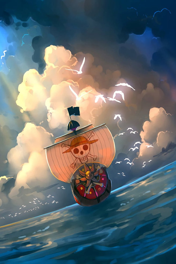 Thousand Sunny poster depicts the Straw Hat ship sailing over a blue ocean beneath glowing clouds and white seabirds.