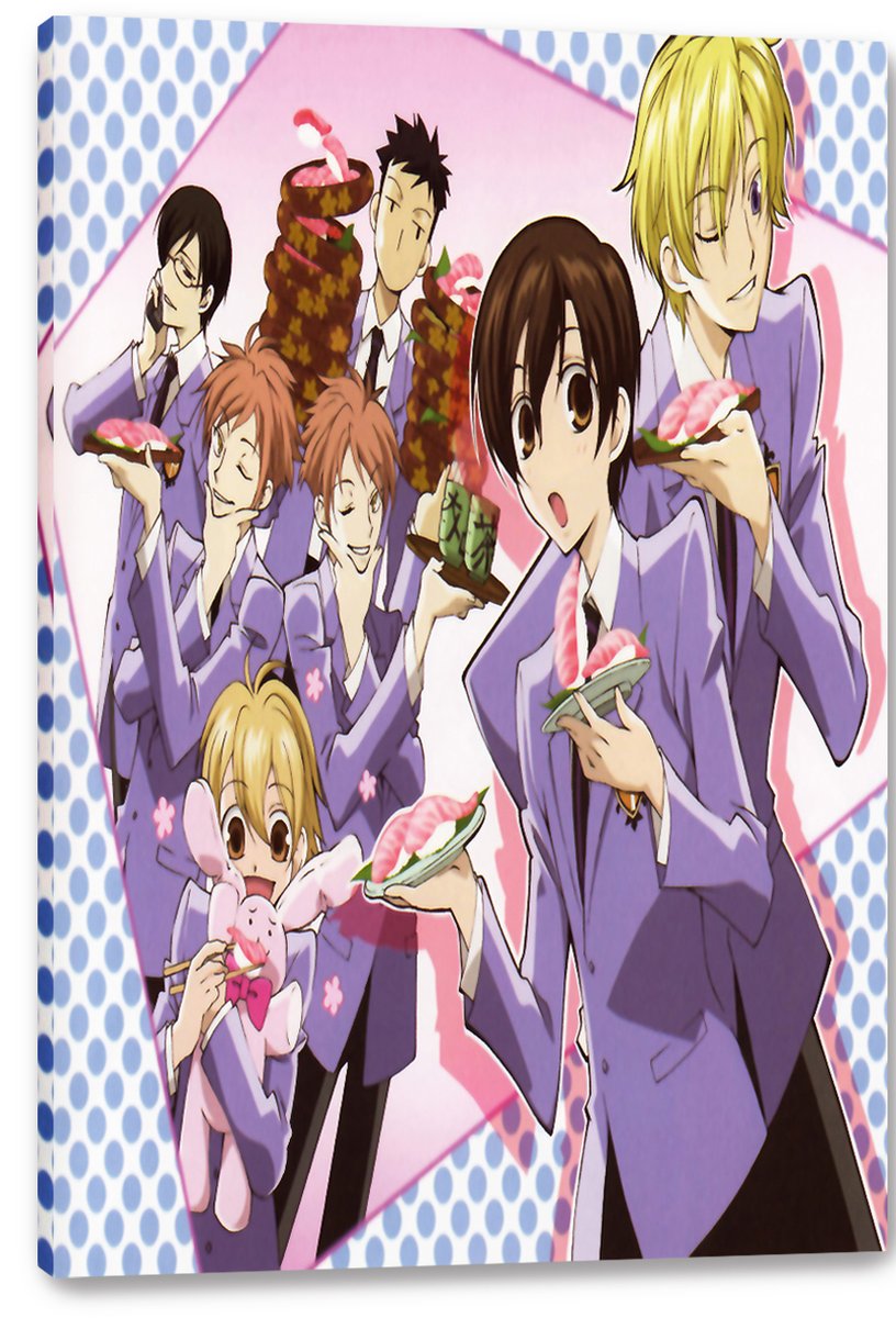 Ouran High School Host Club canvas wall art print depicts six students in purple blazers holding sushi, desserts, and a pink bunny.