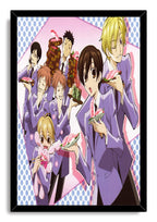 Ouran High School Host Club framed wall art print portrays purple-blazered students with sushi and desserts against pink and blue dots.
