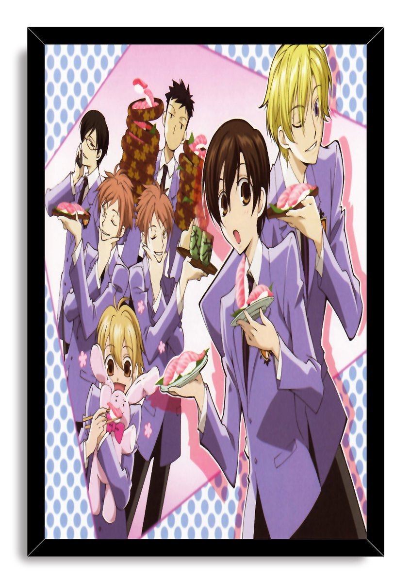 Ouran High School Host Club framed wall art print portrays purple-blazered students with sushi and desserts against pink and blue dots.