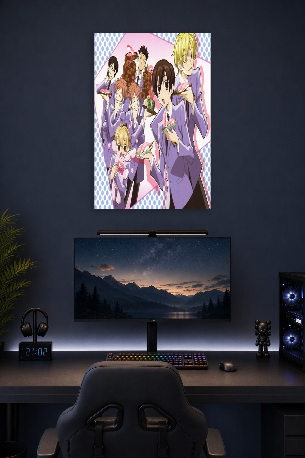 Ouran High School Host Club in a gaming desk setup above a monitor.