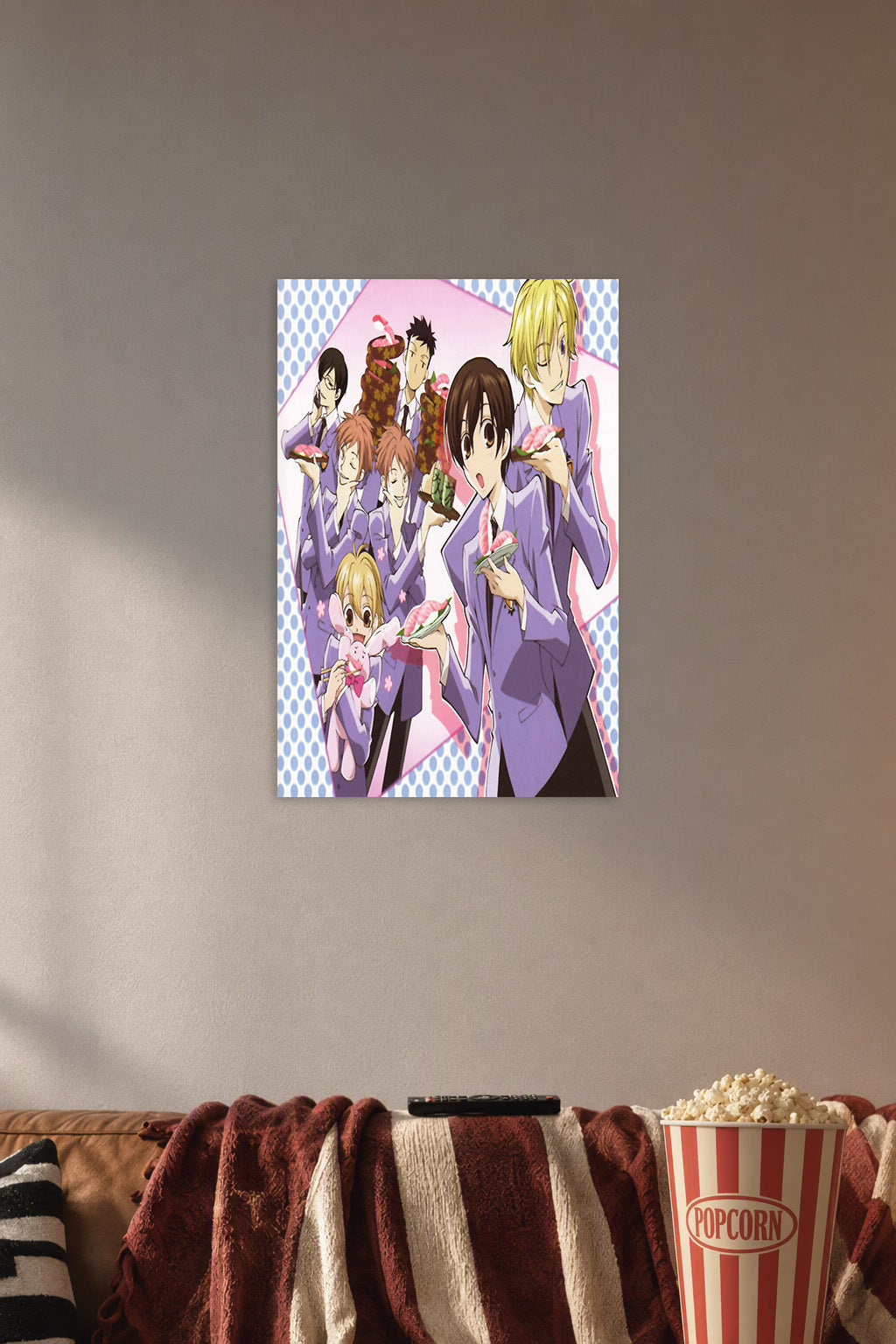 Ouran High School Host Club in a cozy movie room above a brown sofa with popcorn.