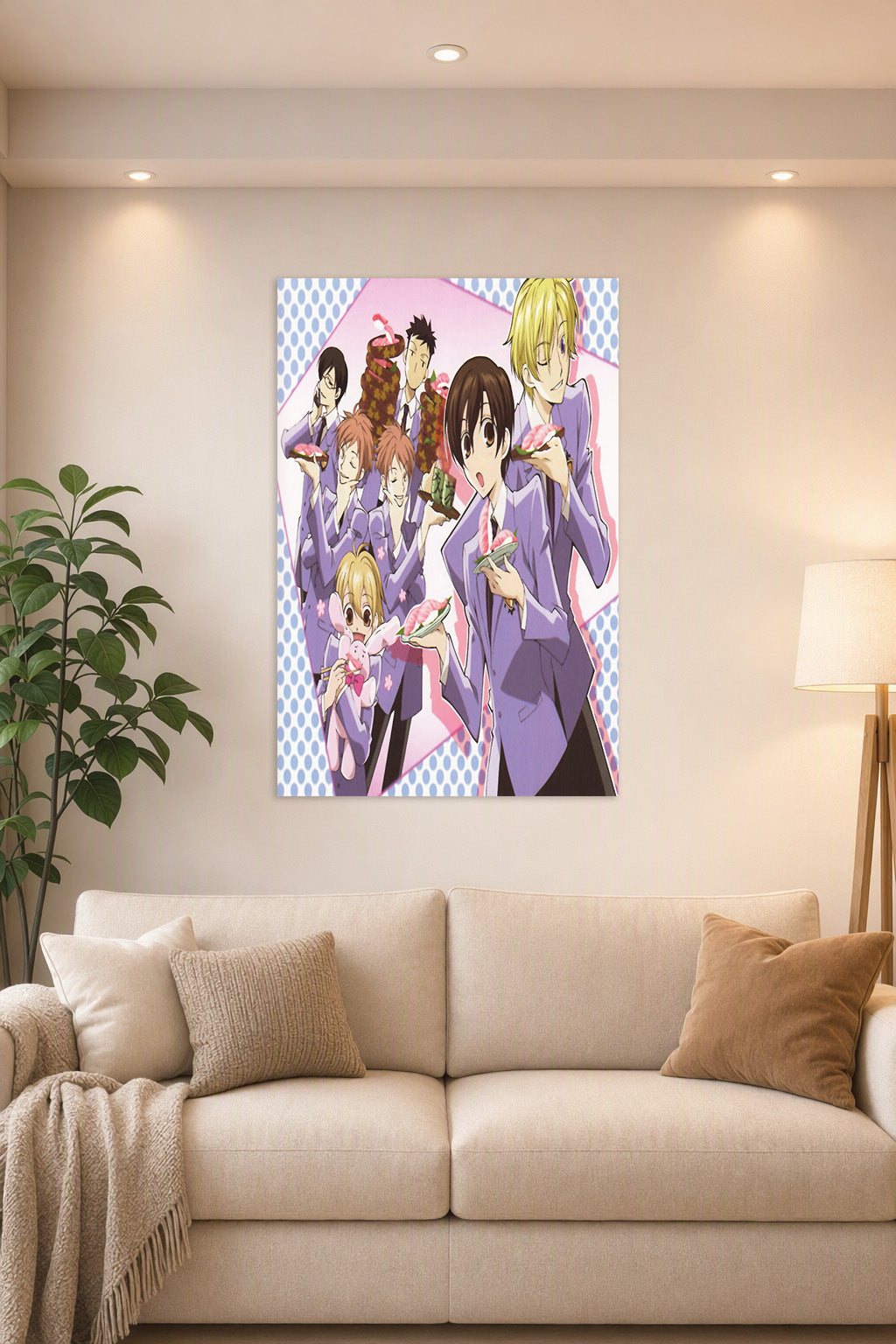 Ouran High School Host Club in a bright living room above a beige sofa.
