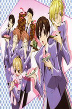 Ouran High School Host Club wall art print features six purple-blazered students serving sushi and sweets with a pink bunny.