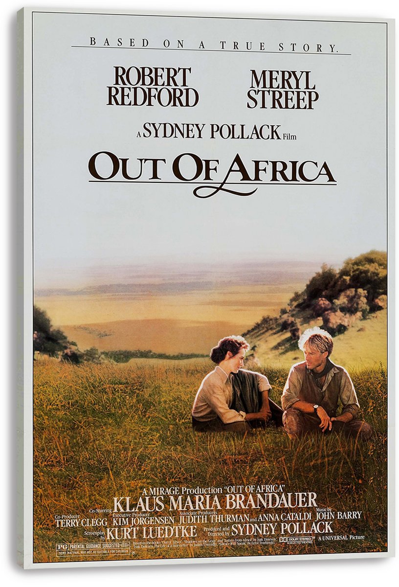 Out of Africa wall art print on a thick white-edged canvas, with Redford and Streep seated on a sunlit savanna hillside.