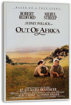 Out of Africa wall art print on a thick white-edged canvas, with Redford and Streep seated on a sunlit savanna hillside.