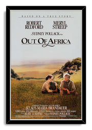 Out of Africa framed wall art print in a black frame, featuring the two stars seated amid golden grass and rolling hills.