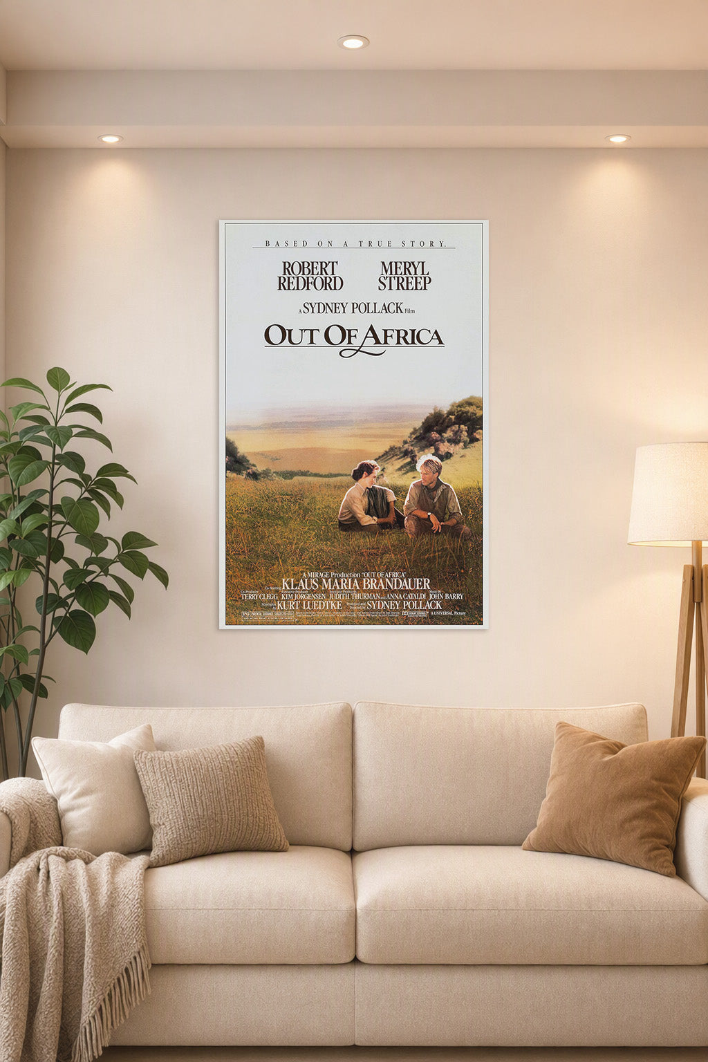 Out Of Africa Robert Redford Meryl Streep in a bright living room above a beige sofa.