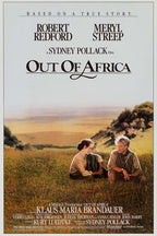 Out of Africa poster featuring Robert Redford and Meryl Streep seated in a golden grassy savanna beneath the film title.