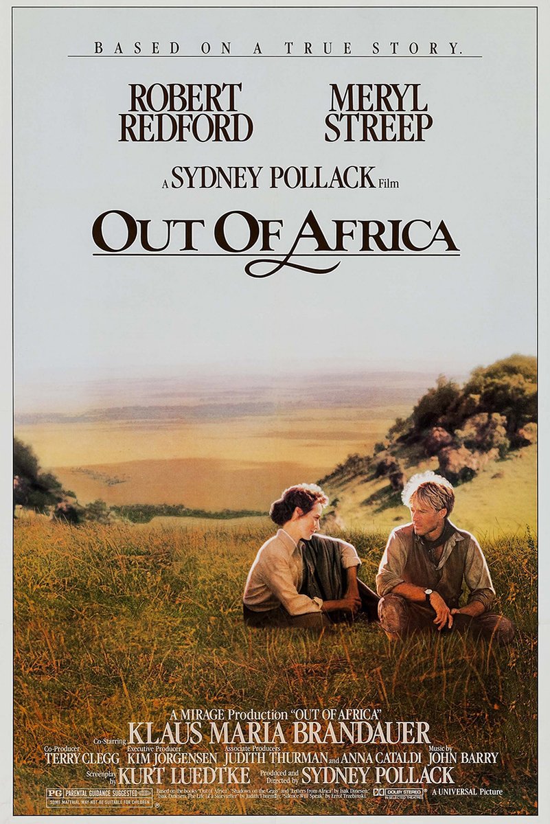 Out of Africa poster featuring Robert Redford and Meryl Streep seated in a golden grassy savanna beneath the film title.