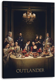 Outlander canvas wall art print displays costumed characters dining among fruit, flowers, and candles in a dark formal room.