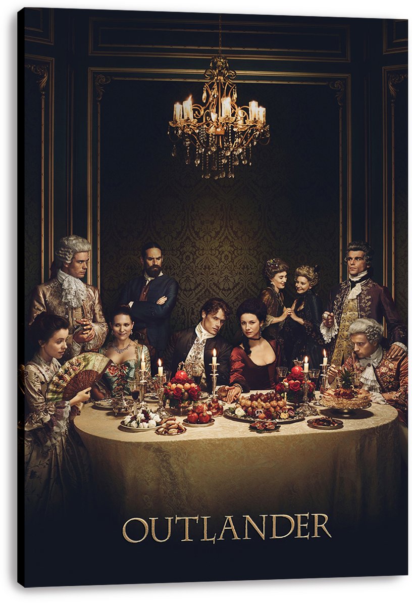 Outlander canvas wall art print displays costumed characters dining among fruit, flowers, and candles in a dark formal room.