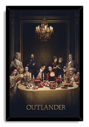 Outlander framed wall art print presents the cast at a lavish candlelit dinner, bordered by a sleek black frame.