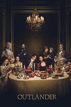 Outlander poster features the period-costumed ensemble around a candlelit banquet table beneath a crystal chandelier.