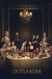 Outlander poster features the period-costumed ensemble around a candlelit banquet table beneath a crystal chandelier.