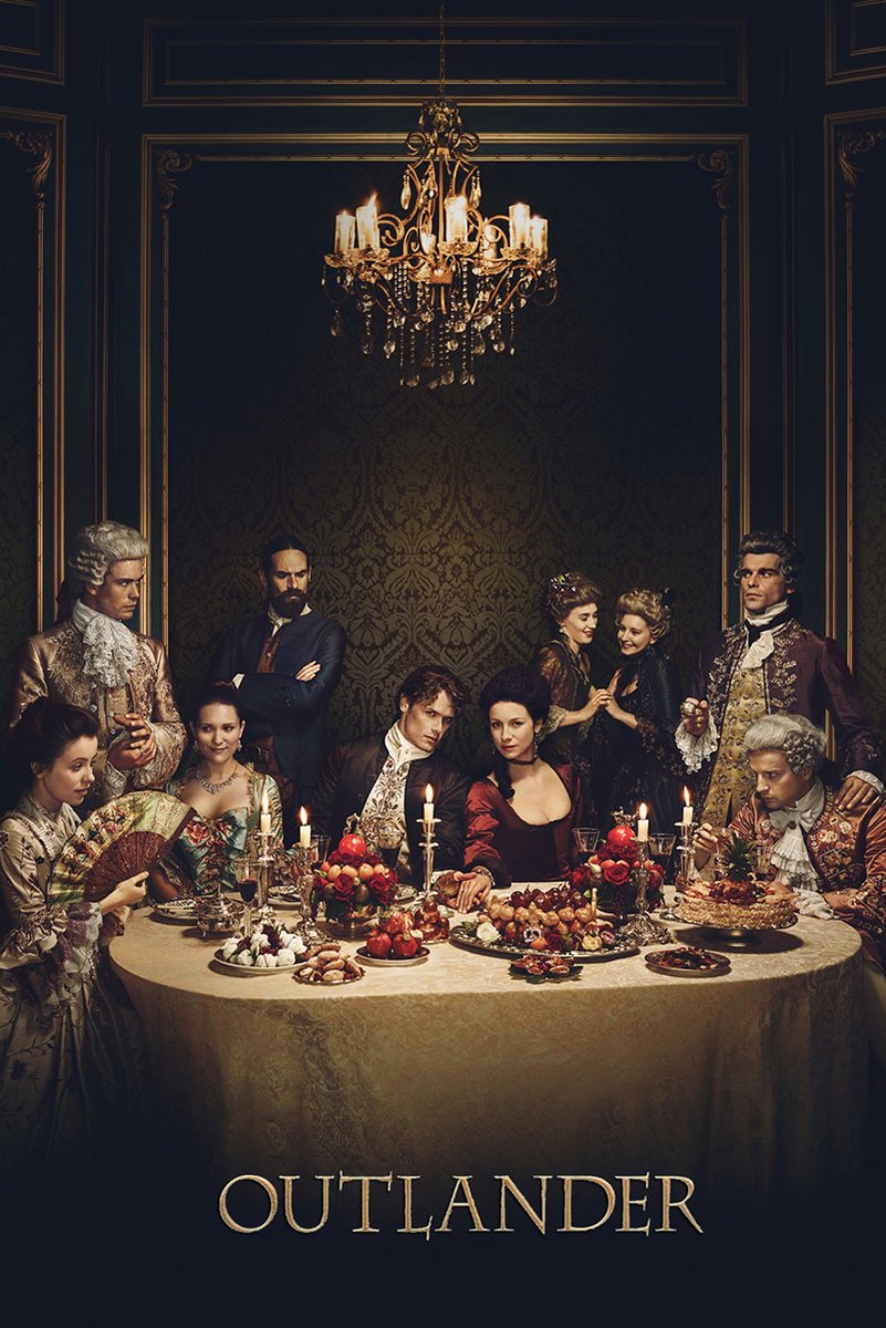Outlander poster features the period-costumed ensemble around a candlelit banquet table beneath a crystal chandelier.