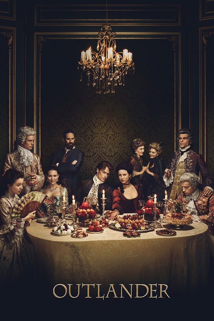 Outlander poster features the period-costumed ensemble around a candlelit banquet table beneath a crystal chandelier.