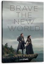 Outlander canvas wall art print displays Jamie and Claire on a cliff with a rifle, forested mountains, and bold promotional text.