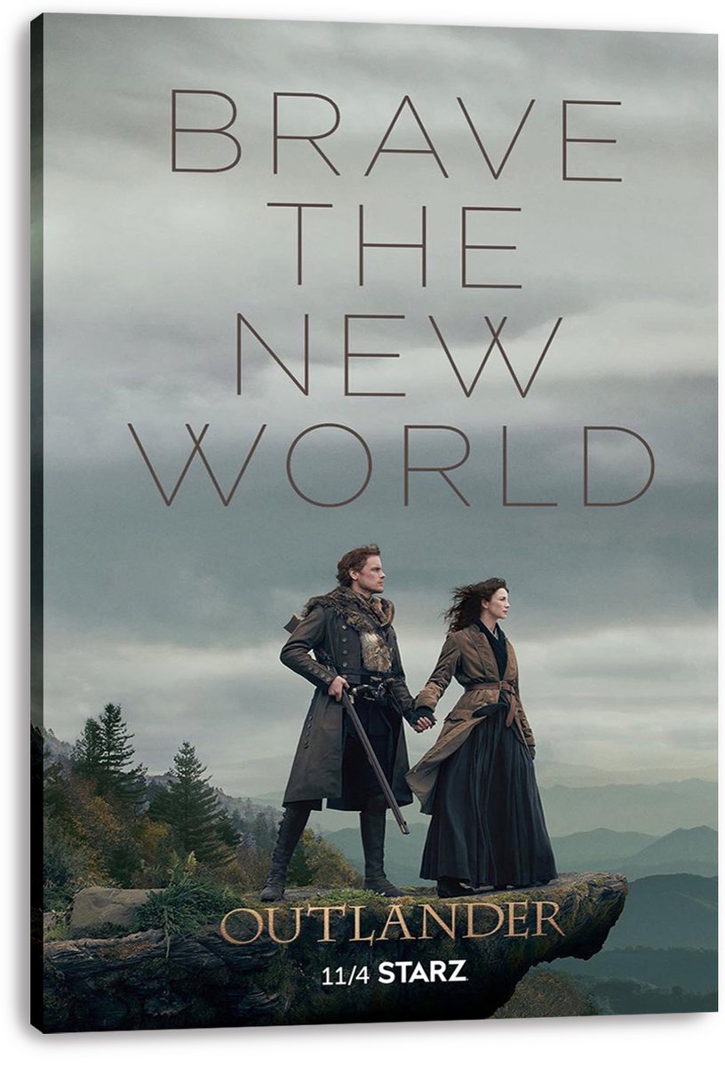 Outlander canvas wall art print displays Jamie and Claire on a cliff with a rifle, forested mountains, and bold promotional text.