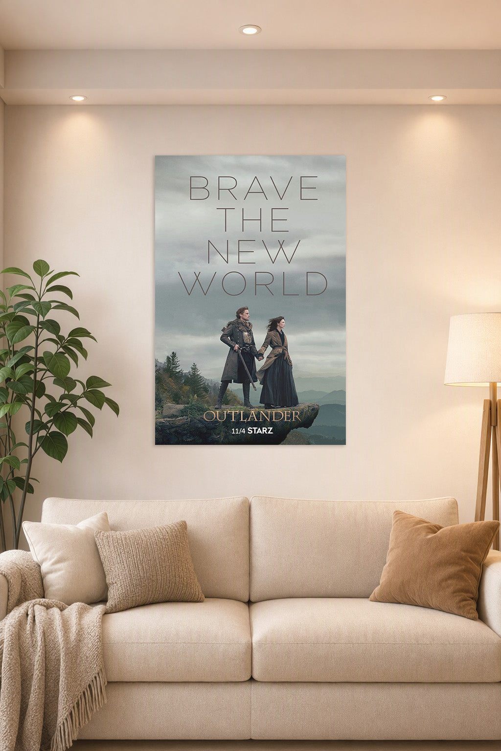 Outlander TV Series in a bright living room above a beige sofa.