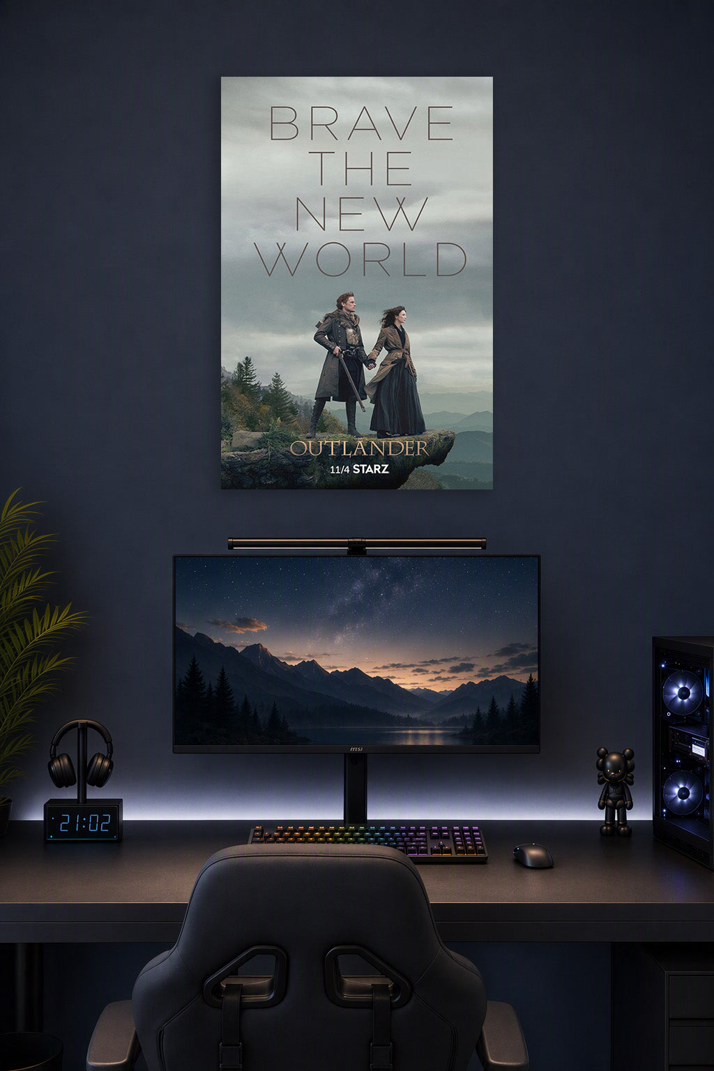 Outlander TV Series in a gaming desk setup above a monitor.