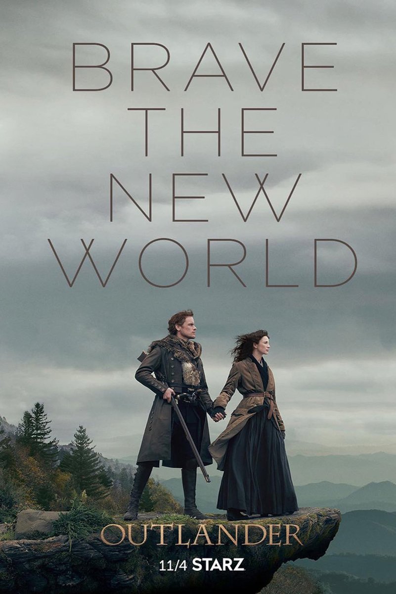Outlander poster features Jamie and Claire holding hands on a rocky cliff above misty mountains beneath “Brave the New World.