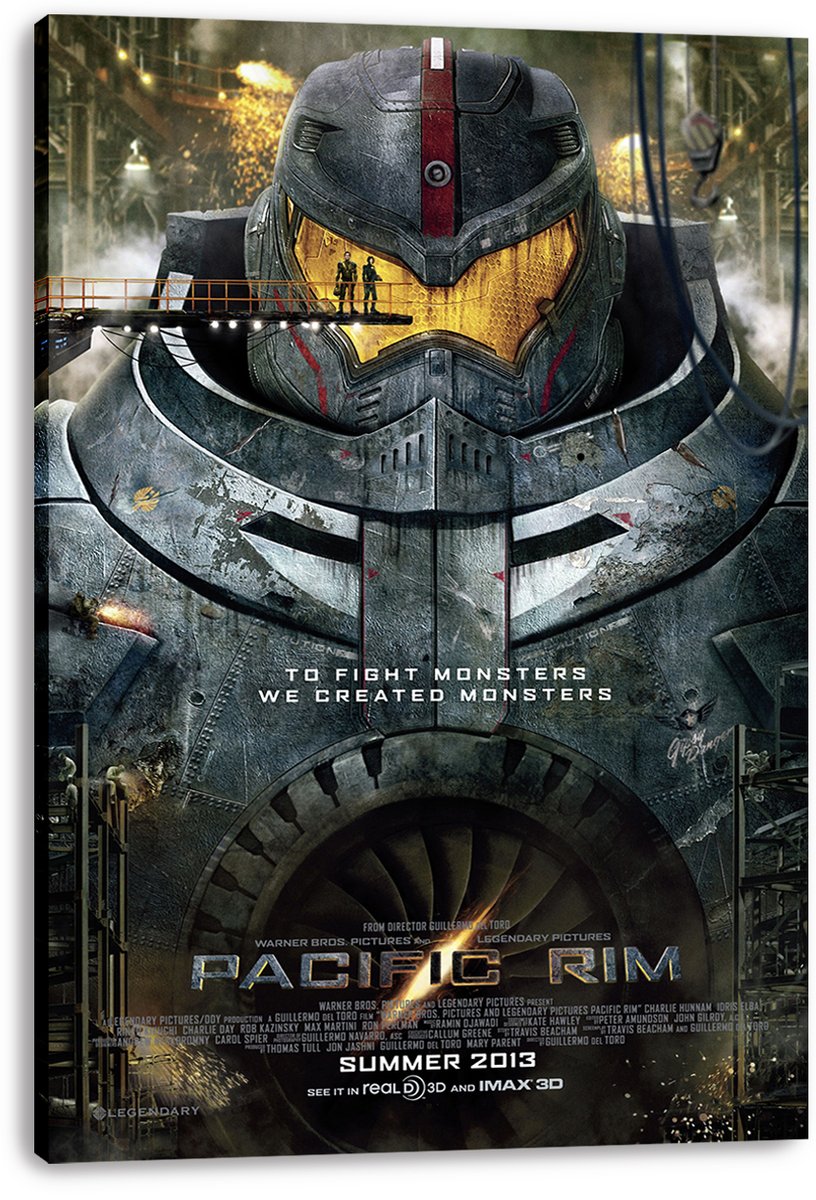 Pacific Rim canvas wall art print displaying Gipsy Danger’s armored head and torso with glowing amber visor and industrial backdrop.