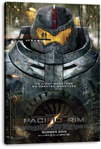Pacific Rim canvas wall art print displaying Gipsy Danger’s armored head and torso with glowing amber visor and industrial backdrop.