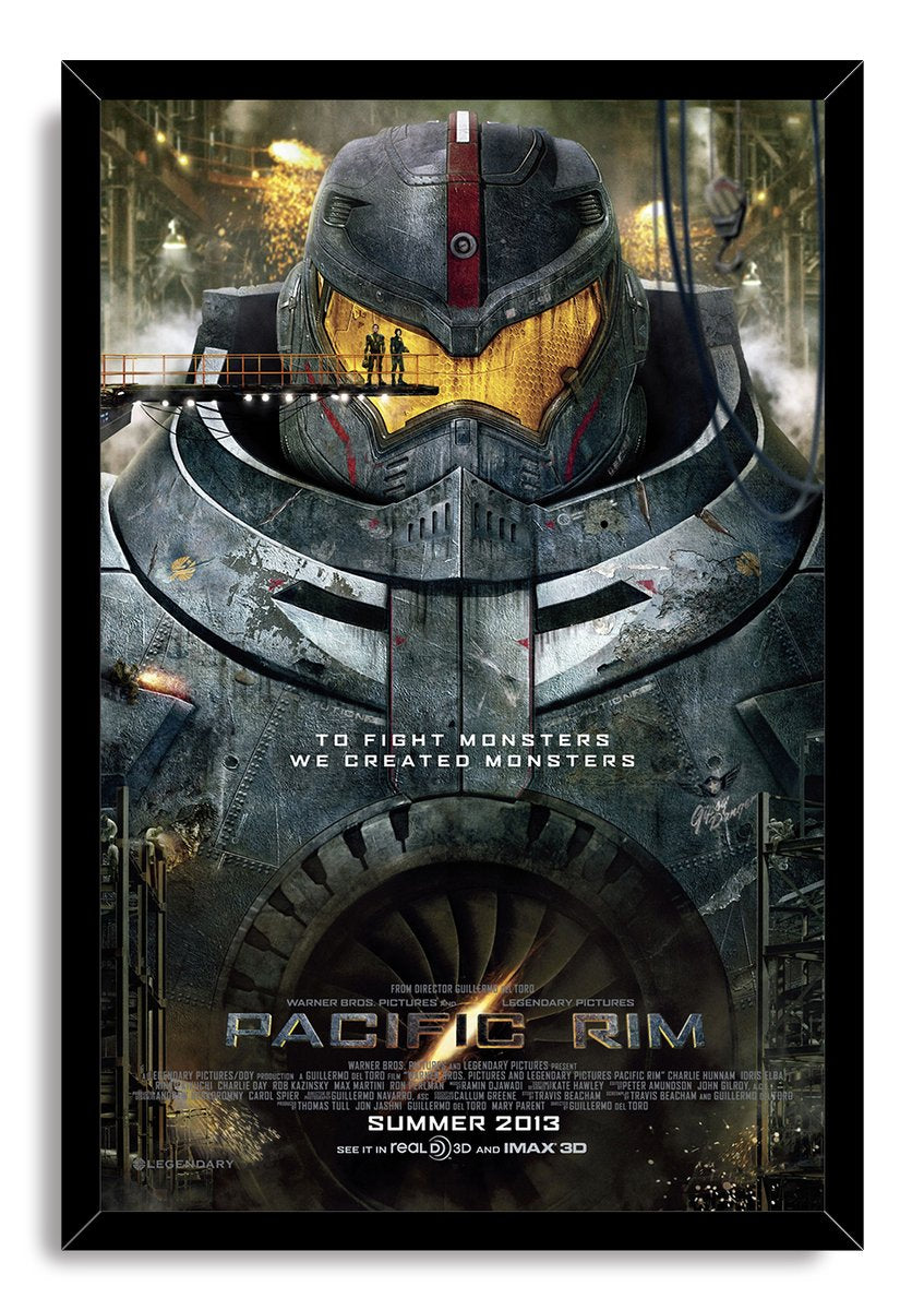 Pacific Rim framed wall art print with a black frame, featuring Gipsy Danger’s metallic helmet, amber visor, and title text.