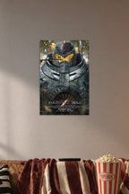 Pacific Rim Gipsy Danger in a cozy movie room above a brown sofa with popcorn.