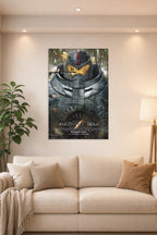 Pacific Rim Gipsy Danger in a bright living room above a beige sofa.