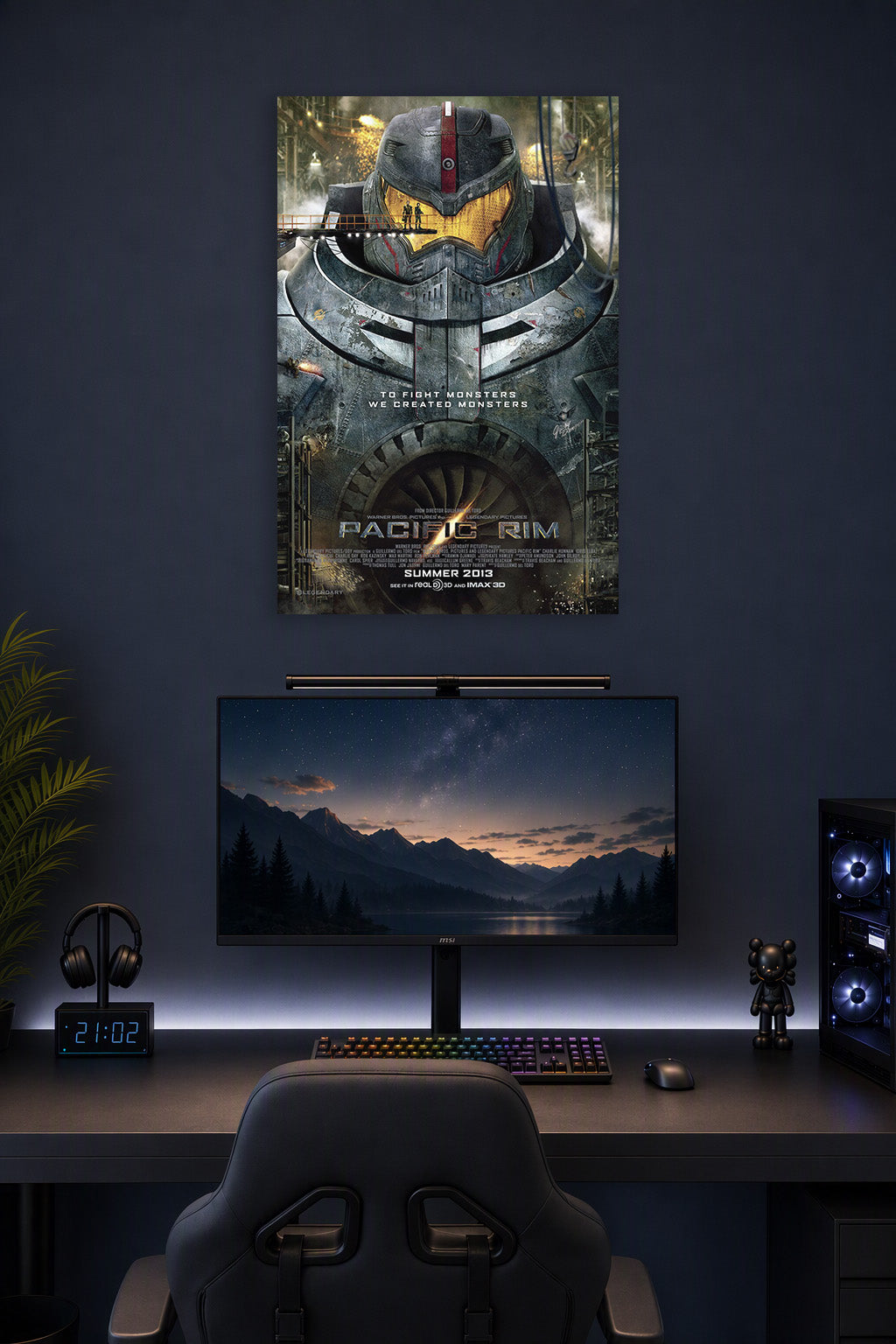 Pacific Rim Gipsy Danger in a gaming desk setup above a monitor.