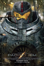 Pacific Rim wall art print featuring Gipsy Danger’s weathered steel helmet, amber visor, industrial sparks, and film title.