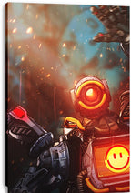 Pathfinder canvas wall art print features the robot’s orange-lit eye, cheerful chest display, and drifting embers.