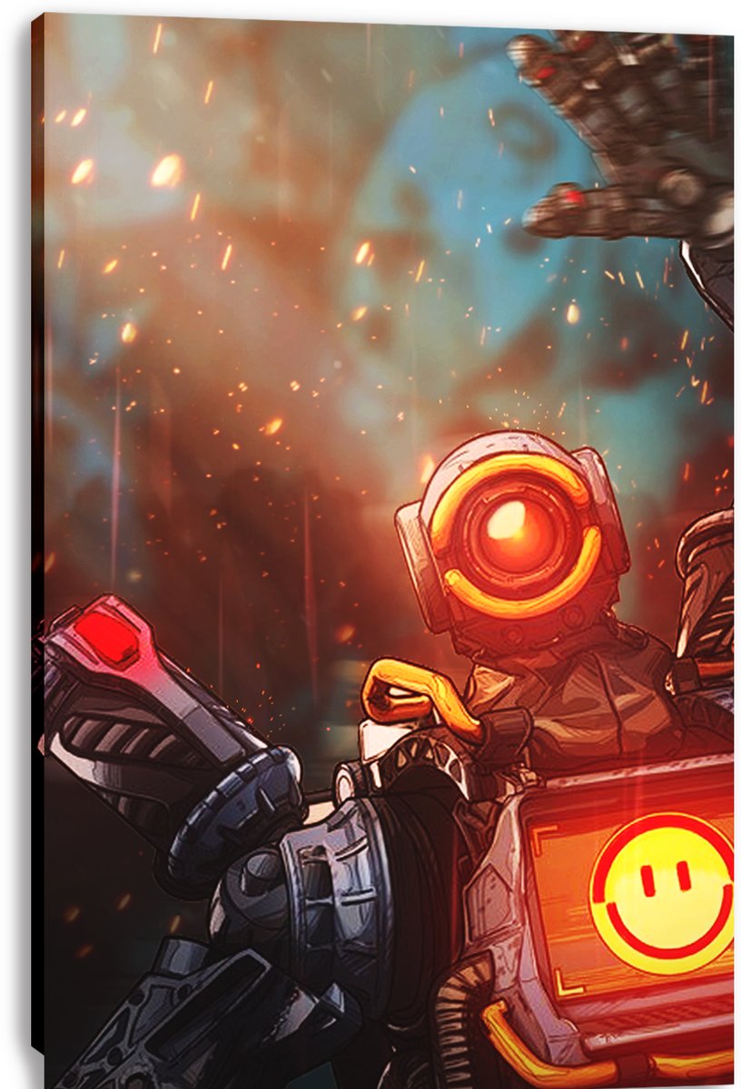 Pathfinder canvas wall art print features the robot’s orange-lit eye, cheerful chest display, and drifting embers.