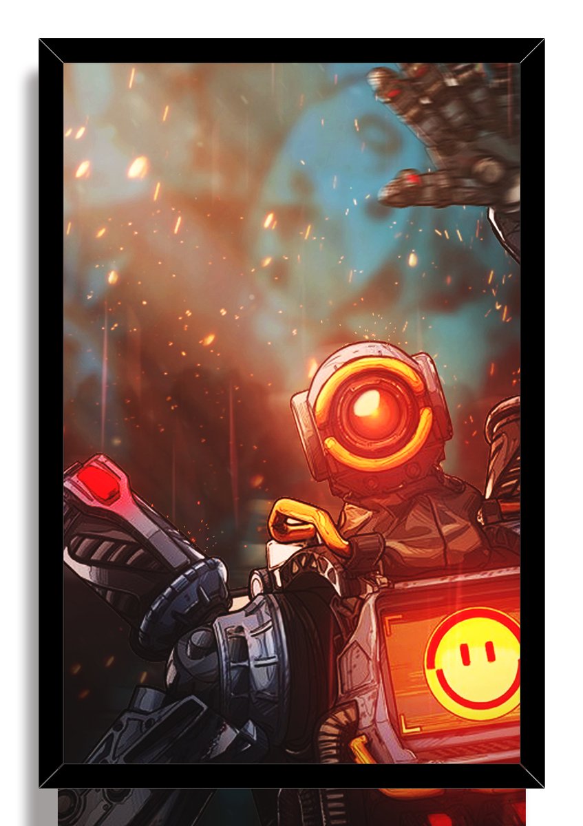 Framed Pathfinder wall art print portrays the robot in dark armor with an orange eye and bright smiley chest screen.