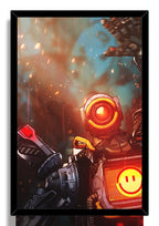 Framed Pathfinder wall art print portrays the robot in dark armor with an orange eye and bright smiley chest screen.