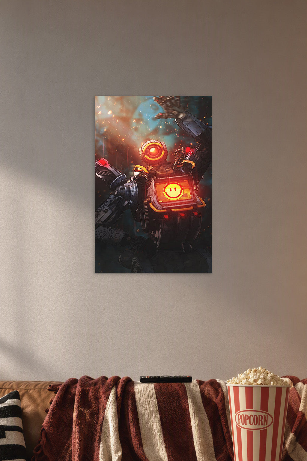 Pathfinder Apex Legends in a cozy movie room above a brown sofa with popcorn.