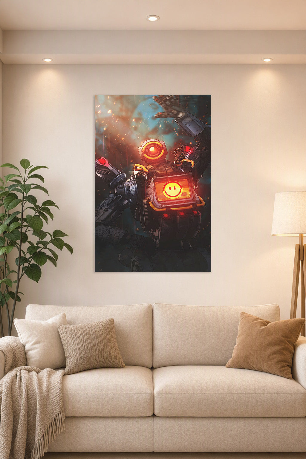 Pathfinder Apex Legends in a bright living room above a beige sofa.