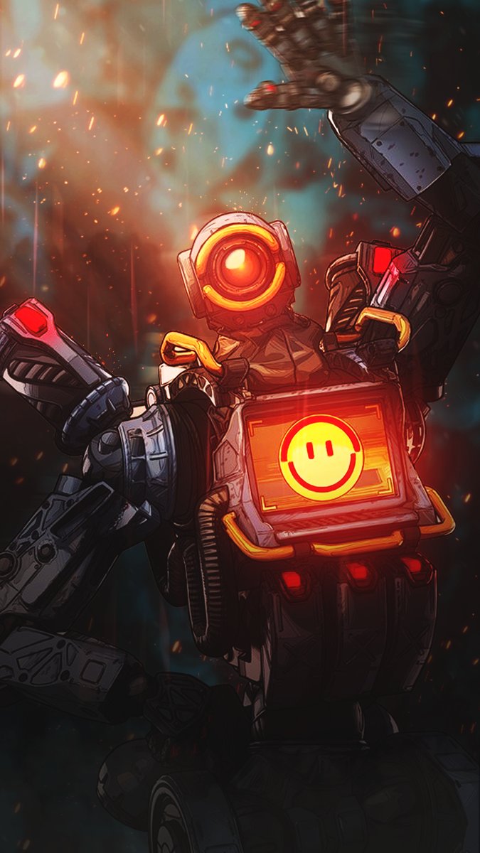 Pathfinder wall art print depicts the robot with a glowing orange eye and smiley chest screen amid fiery sparks.