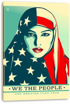 Patriotic woman in hijab canvas wall art print, displayed with wrapped edges, stars and red stripes, and “We the People” text.